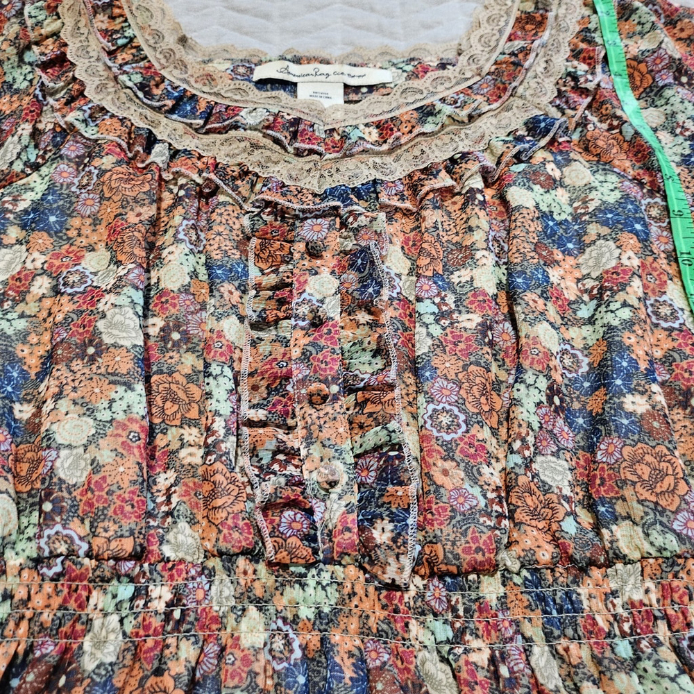 American Rag Babydoll Boho Smocked Lace Cottagecore Bloomcore Dress Size L - Picture 9 of 16